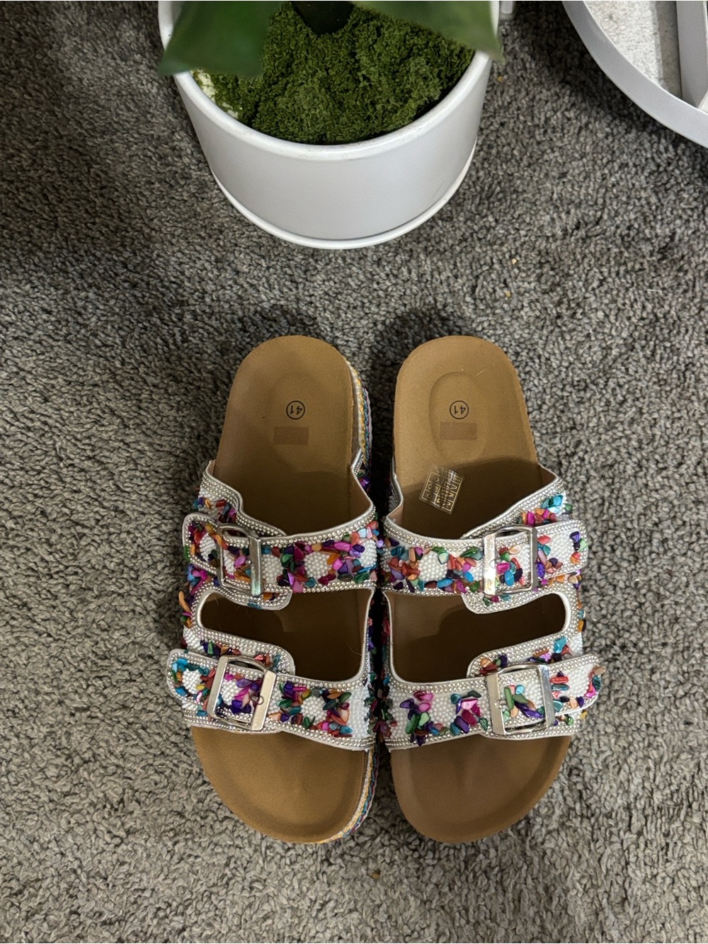 Women’s White Beaded Platform Sandal with Multicolor Embellishments